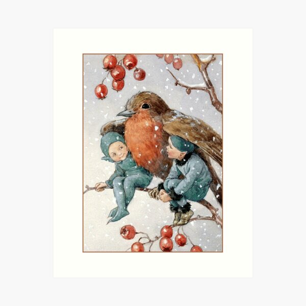 Christmas Elves Sheltering with a Robin - Margaret Tarrant Art Print