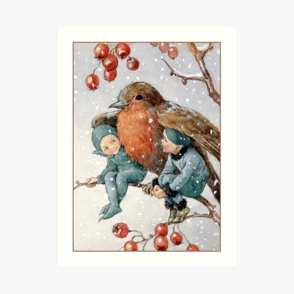 Christmas Elves Sheltering with a Robin - Margaret Tarrant Art Print
