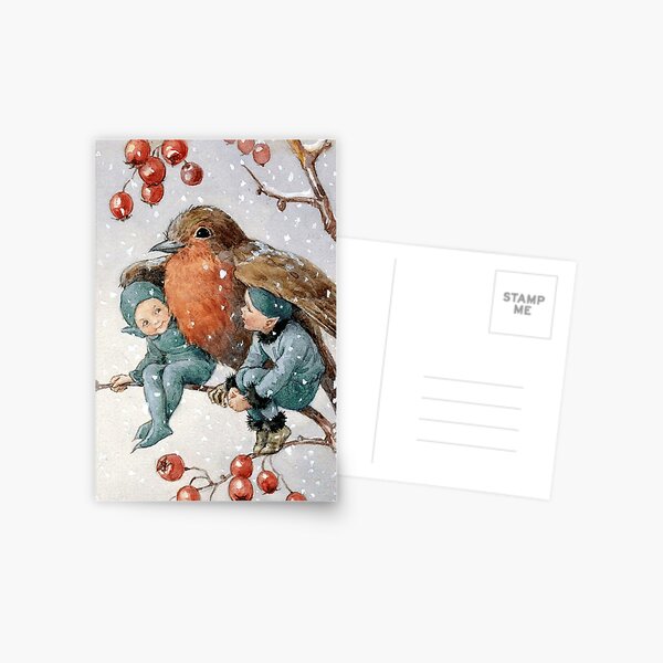 Christmas Elves Sheltering with a Robin - Margaret Tarrant Postcard