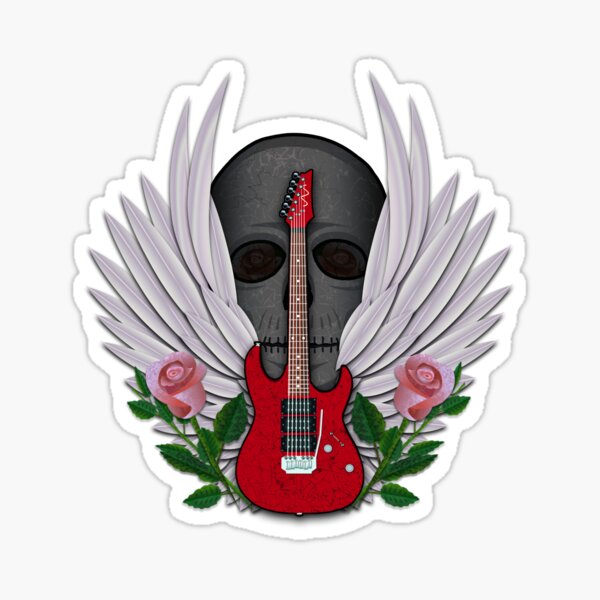 Guitar and Wings with Skull and Roses Sticker
