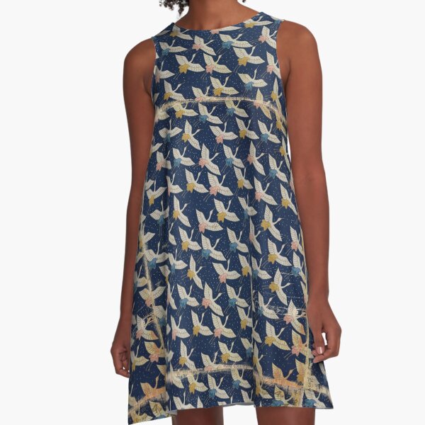 Vintage Japanese Paper Texture Birds A-Line Dress