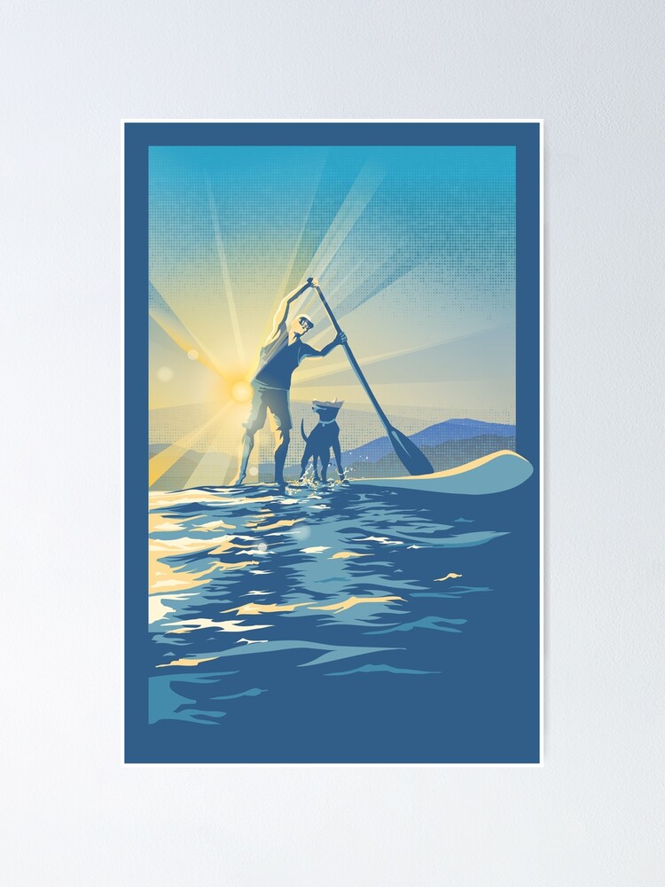 Man standing on paddle board, on water, at sunset, holding fishing rod  stock photo