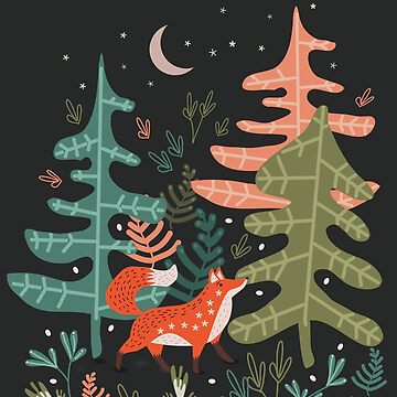 Vorschaubild zum Design Volksanimaol Illustration. Ein wunderlicher Fantasiefuchs in einer Kiefernwaldlandschaft. von elenor27