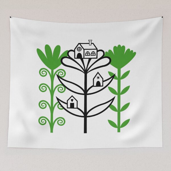 Item preview, Lovely Folktale Homes Sitting on Flowers Digital Illustration (black and green) designed and sold by wariana.