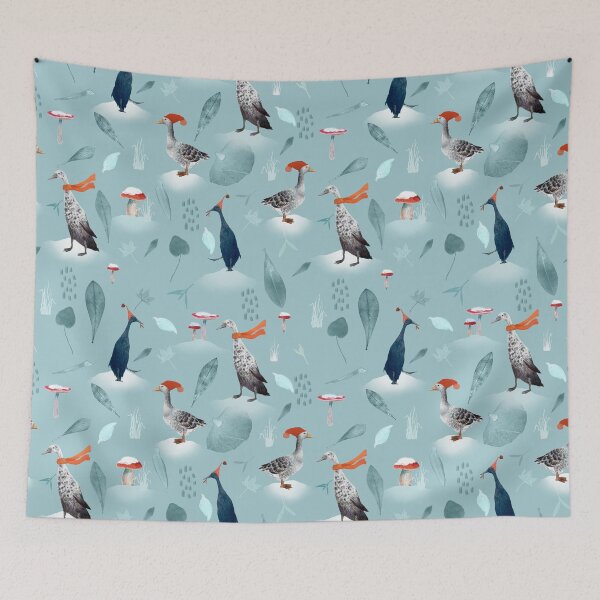 Item preview, Winter geese in hats and scarves. Mushrooms and frozen leaves. designed and sold by zatmeniee.