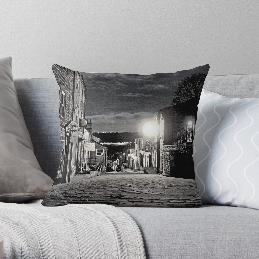 Moonlit Cobbled Main Street in Haworth in Black & White - Bronte Country Throw Pillow