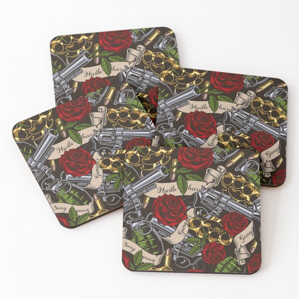 Item preview, Retro Skull Hustle Hard Gangster Swag Gang Guns Roses Grenades Brass Knuckles Bullets Tattoo Pattern designed and sold by RetroSkullArt.