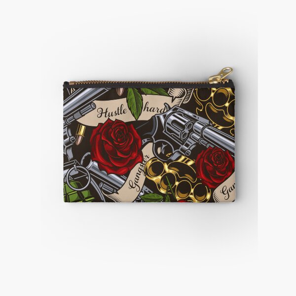 Item preview, Retro Skull Hustle Hard Gangster Swag Gang Guns Roses Grenades Brass Knuckles Bullets Tattoo Pattern designed and sold by RetroSkullArt.
