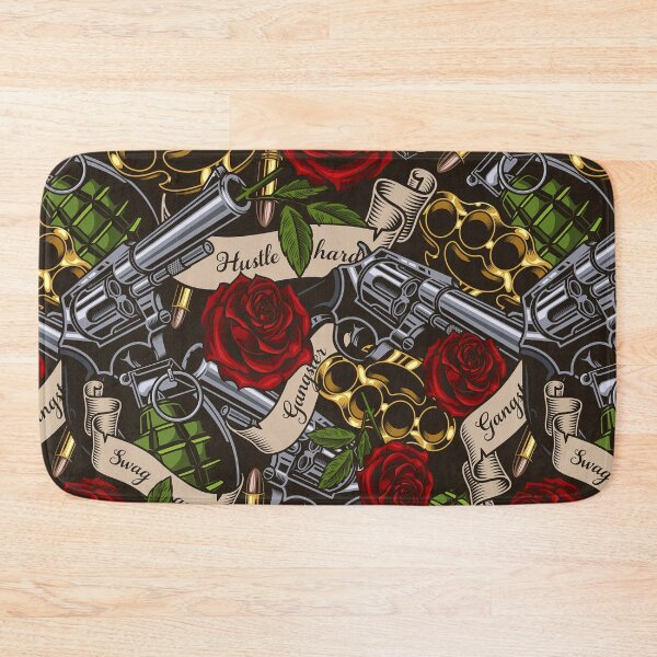 Item preview, Retro Skull Hustle Hard Gangster Swag Gang Guns Roses Grenades Brass Knuckles Bullets Tattoo Pattern designed and sold by RetroSkullArt.
