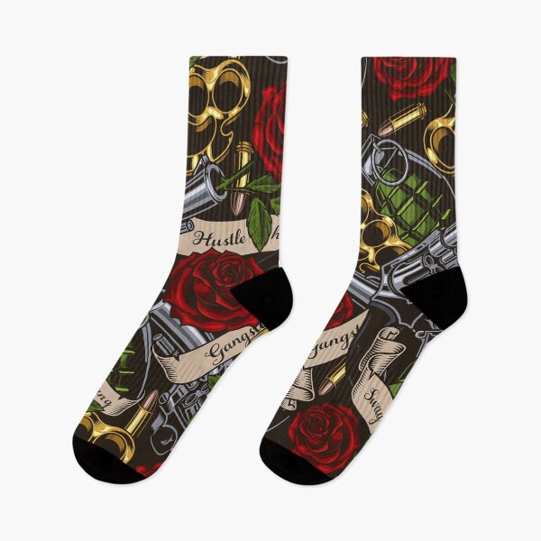 Item preview, Retro Skull Hustle Hard Gangster Swag Gang Guns Roses Grenades Brass Knuckles Bullets Tattoo Pattern designed and sold by RetroSkullArt.