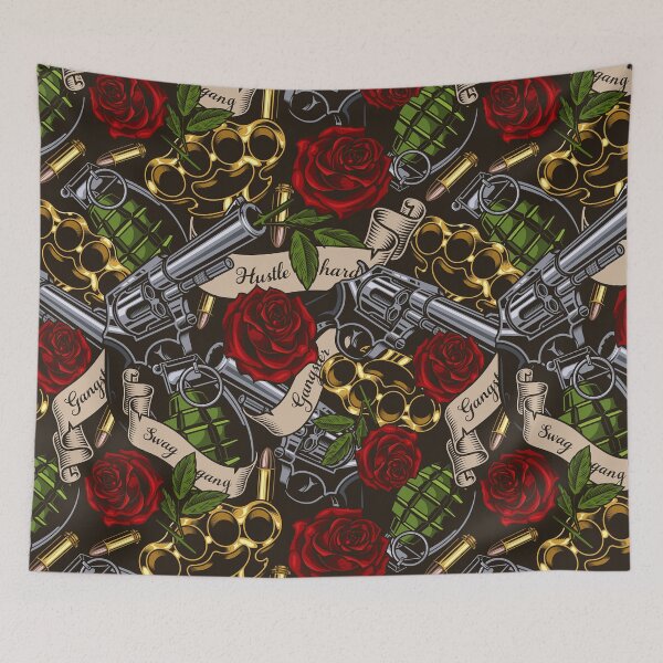 Item preview, Retro Skull Hustle Hard Gangster Swag Gang Guns Roses Grenades Brass Knuckles Bullets Tattoo Pattern designed and sold by RetroSkullArt.