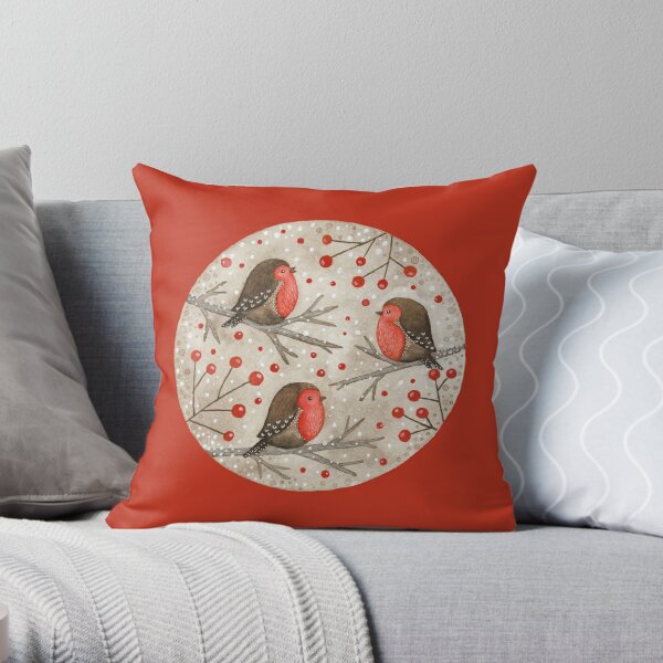 Robins and red berries Throw Pillow