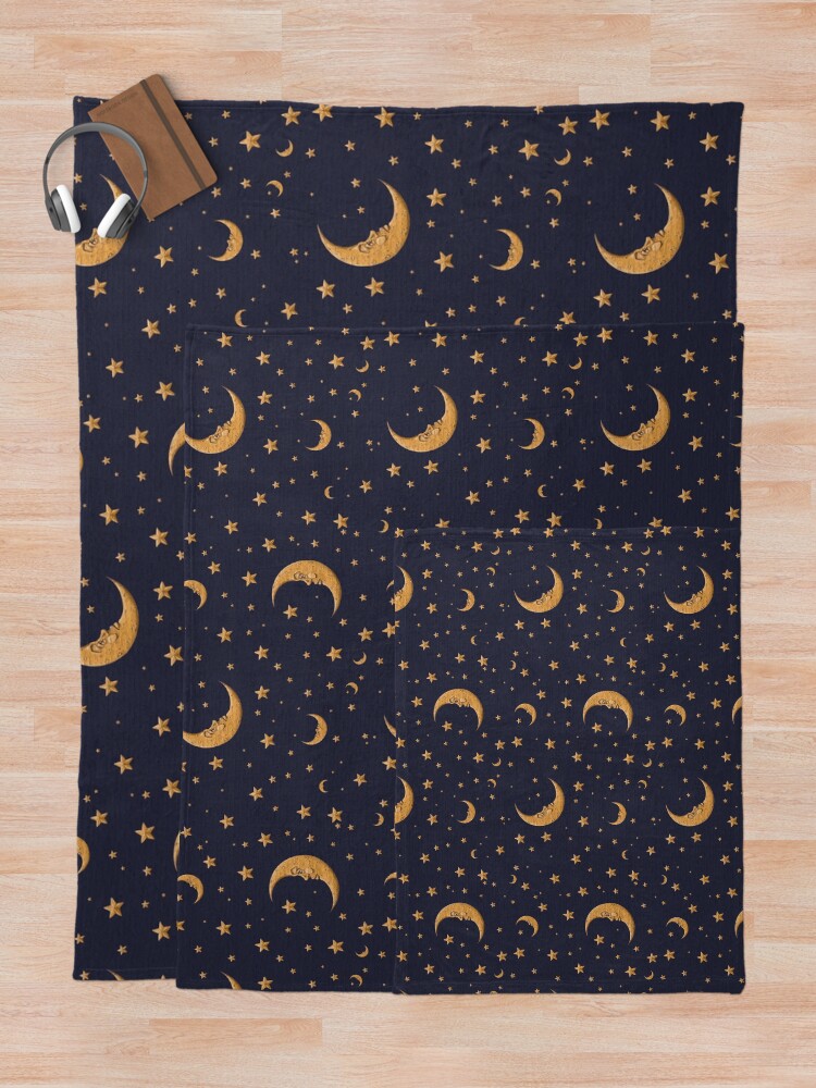 Alternate view of Vintage Gold Moon And Stars on Blue Throw Blanket