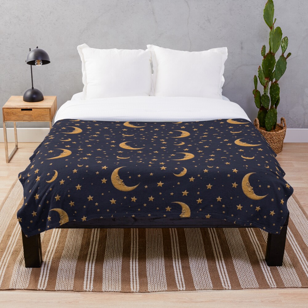 Vintage Gold Moon And Stars on Blue Throw Blanket