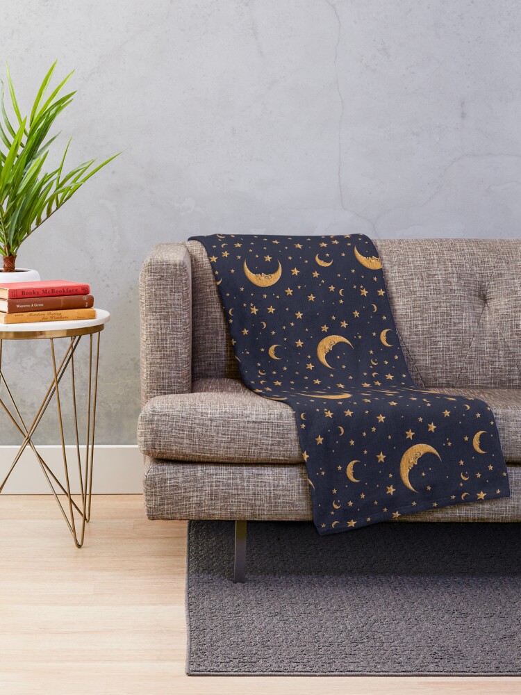Alternate view of Vintage Gold Moon And Stars on Blue Throw Blanket