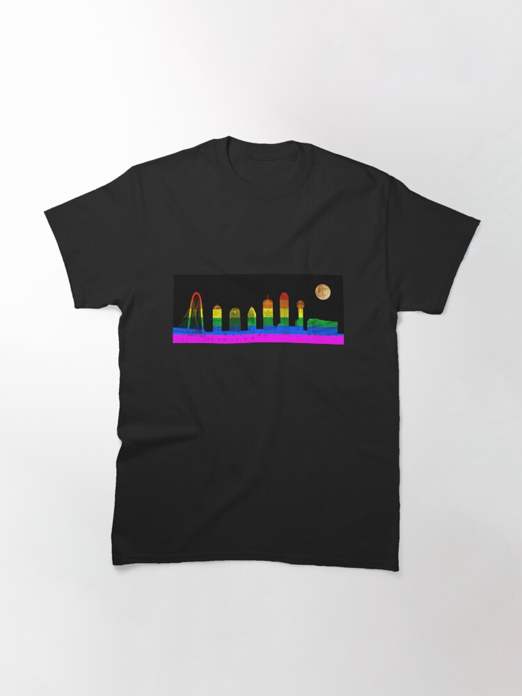 Thumbnail 2 of 7, Classic T-Shirt, Dallas Skyline Rainbow Flag Supermoon - LGBTQ designed and sold by Warren Paul Harris.