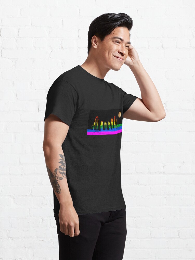 Classic T-Shirt, Dallas Skyline Rainbow Flag Supermoon - LGBTQ designed and sold by Warren Paul Harris
