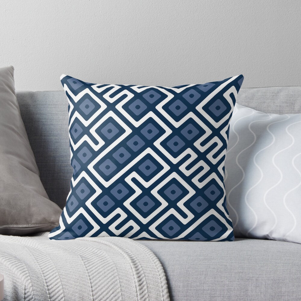 Maze Abstract Pattern - White / Navy Throw Pillow