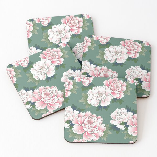 Item preview, Japanese Vintage Floral Pink Peonies Green Leaves Kimono Pattern designed and sold by Vicky Brago-Mitchell®.