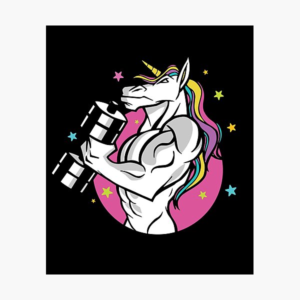 Lámina fotográfica Diseño de camiseta con la silueta de un unicornio musculoso que levanta una