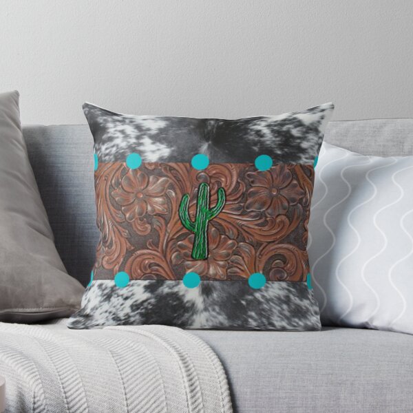 cactus print pillow with faux leather blocking