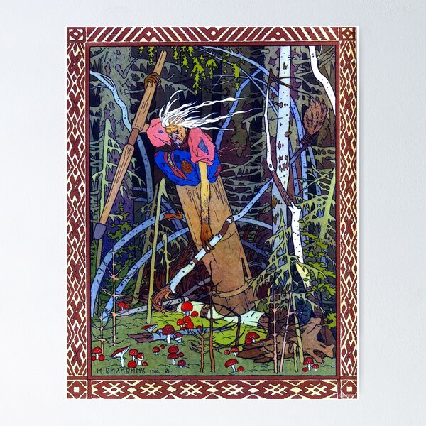 Item preview, Baba Yaga in her Mortar - Vasilisa the Beautiful - Ivan Bilibin 1899 designed and sold by forgottenbeauty.