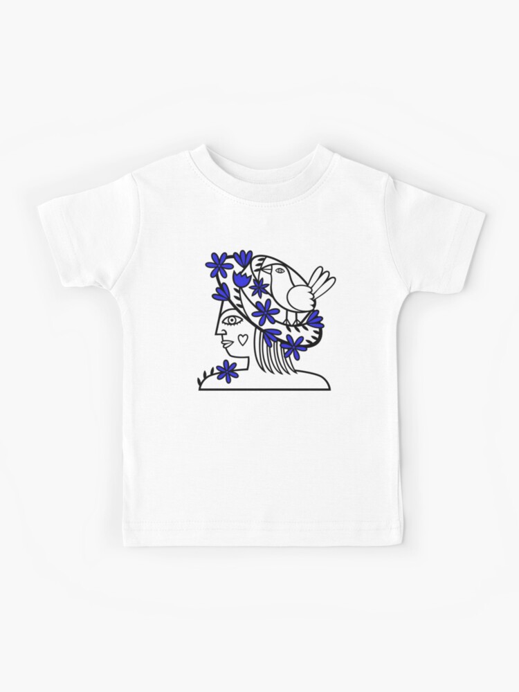 Camiseta para niños «Perfil de mujer con sombrero con flores y pájaros (flores  negras y lapislázuli azules)» de wariana | Redbubble