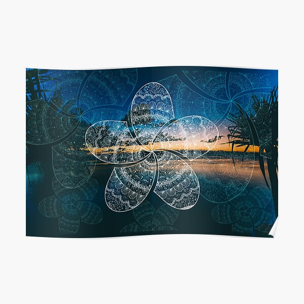 white fraginapani mandala on Noosa river sunset Poster