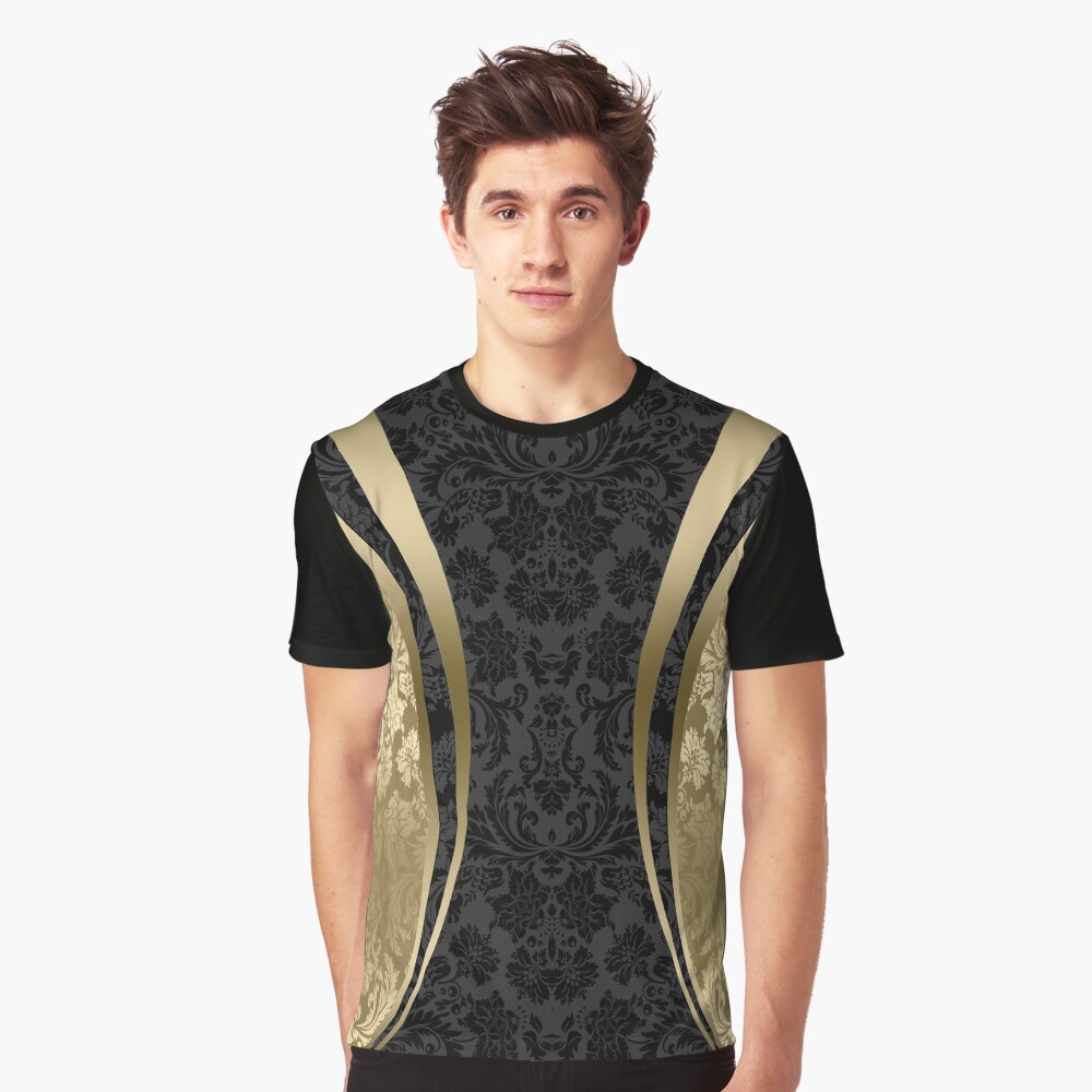 "Black And Gold Damasks And geometric Stripes" Tshirt by artonwear