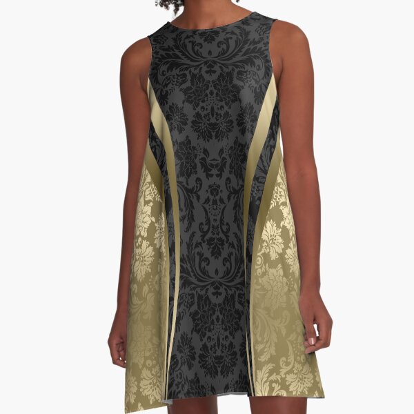 Black And Gold Damasks And geometric Stripes A-Line Dress