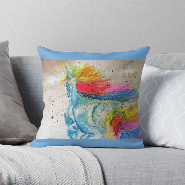 Unicorn Watercolor Painting Blue Throw Pillow