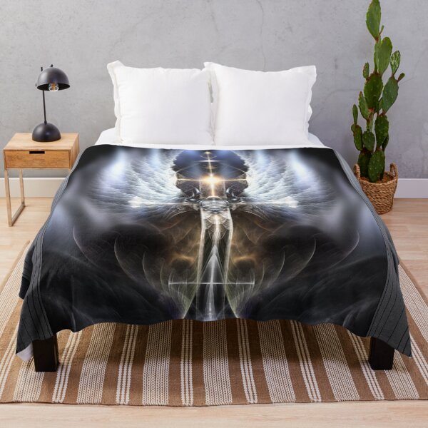 Heavenly Angel Wings Cross The Sword Of Light Fractal Design Art Composition by Xzendor7 Throw Blanket