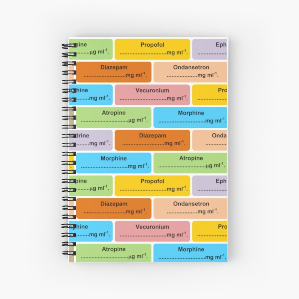 "Anesthesia Drug Label Pattern Anaesthesia" Spiral Notebook for Sale by