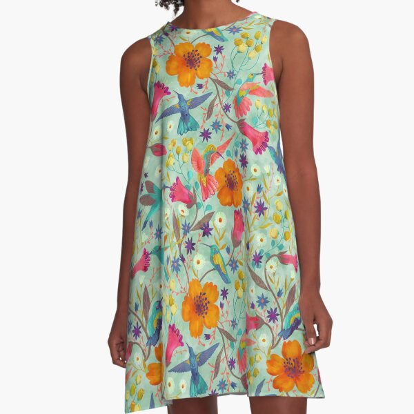 humming birds in green A-Line Dress