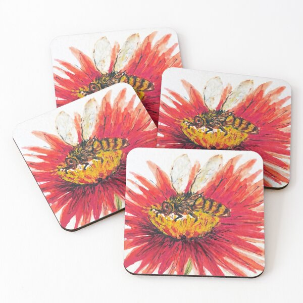 Item preview, Bee watercolor with red flower designed and sold by wildseadesign.