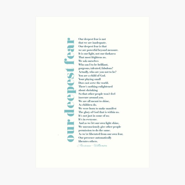 Our deepest fear by Marianne Williamson (Blues) Art Print