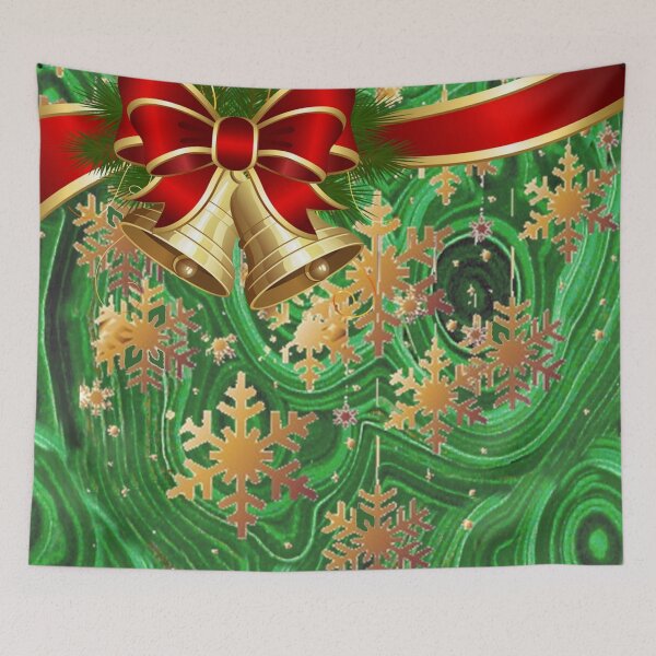 Item preview, RED RIBBONS GOLD BELLS, SNOWFLAKES HOLIDAY GREEN MALACHITE ART designed and sold by sharlesart.