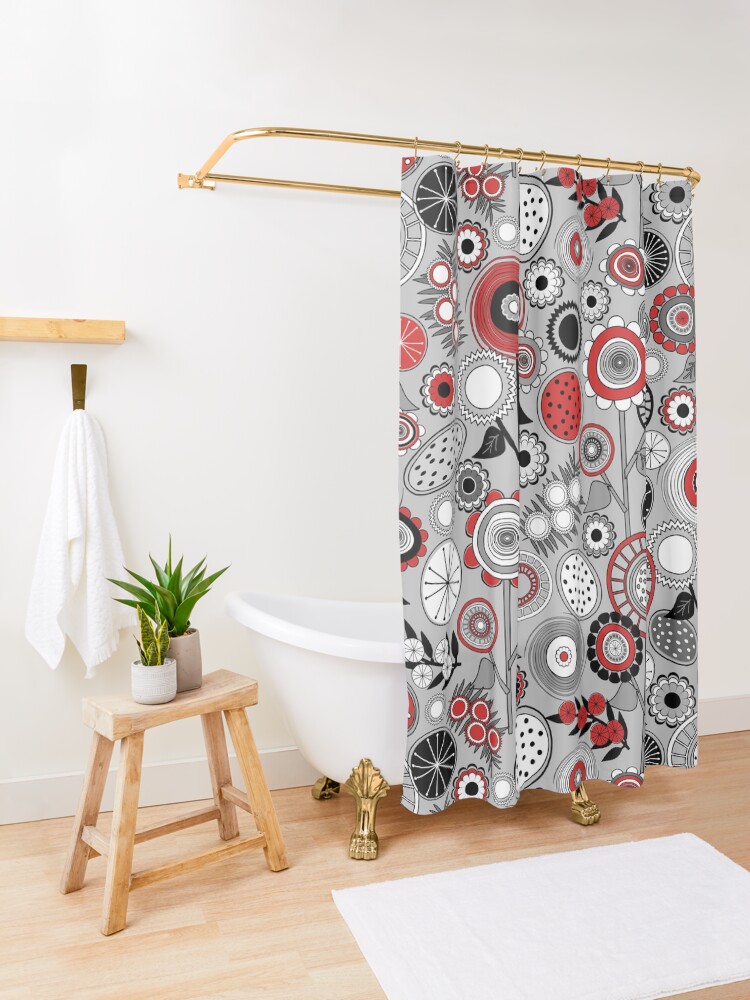 Mid-Century Modern Spiral Floral Shower Curtain, Scandinavian Floral Shower Curtain, Designer Curtain, Geometric Floral Bath sold Curtain