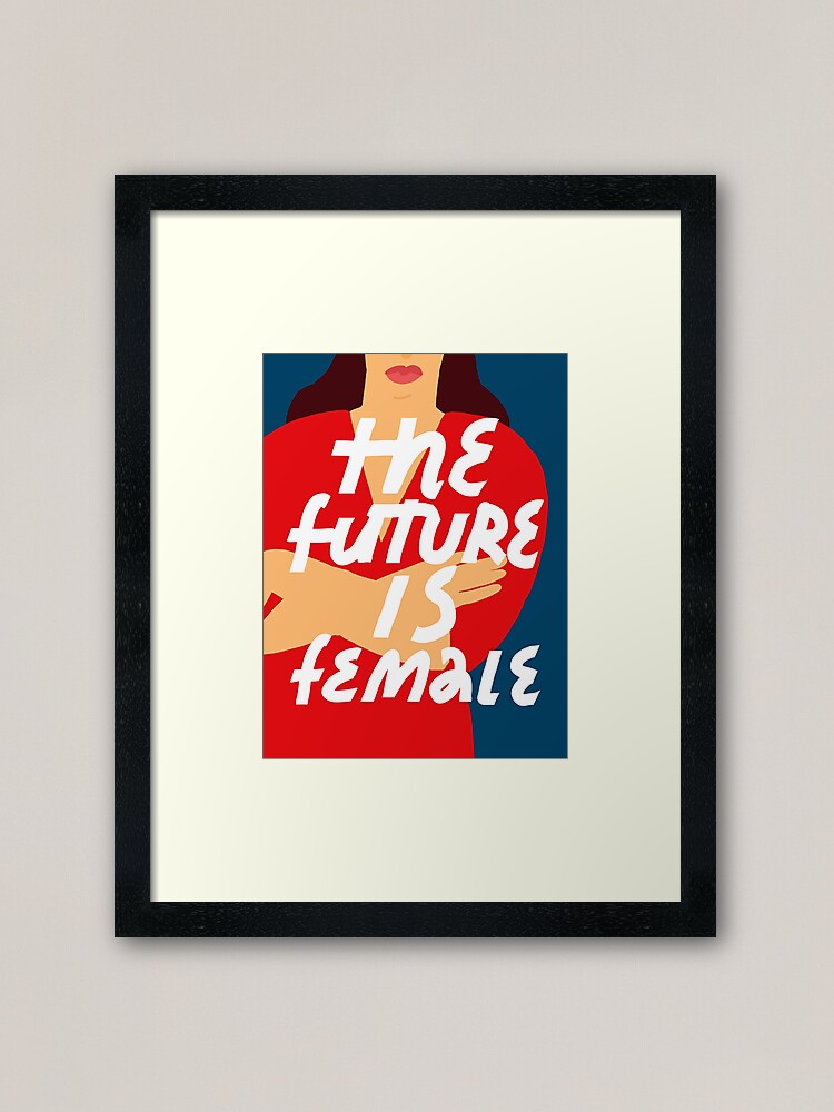 Alternate view of Feminist lettering. Simple inscription for women's right. The Future Is Female inspirational quote. Background with woman's figure in red dress. Framed Art Print