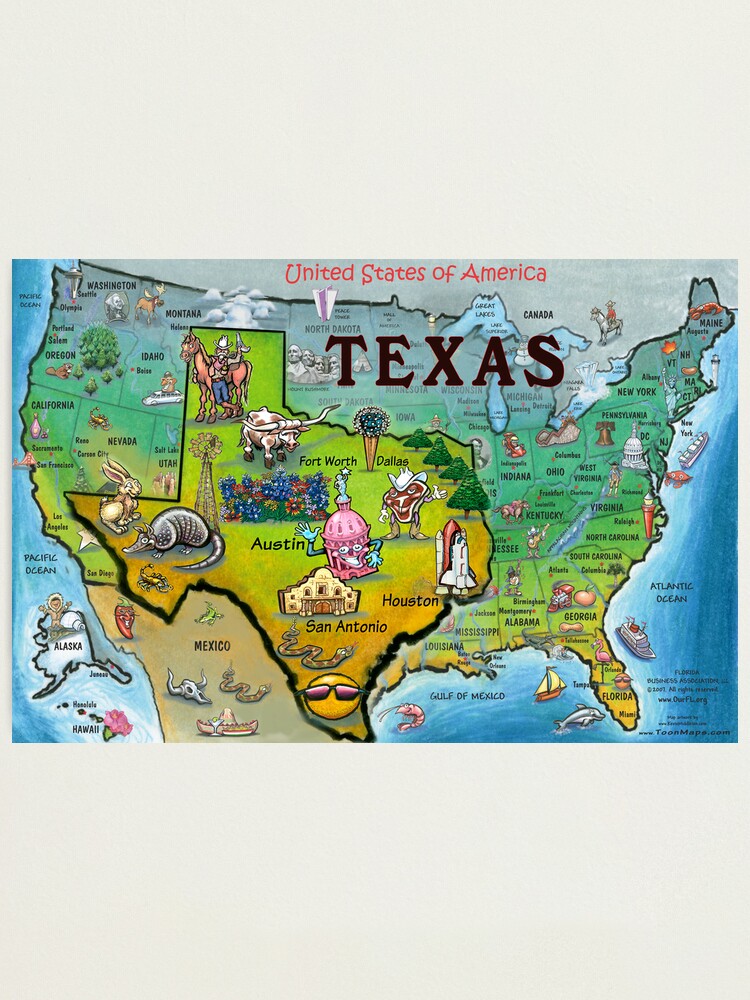 texas usa cartoon map photographic print by