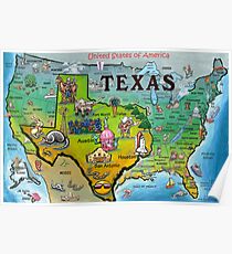 Texas USA Cartoon Map Poster