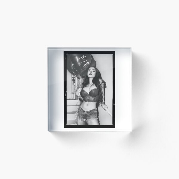 Sexy Fashion Photography - "Sexy Asian Girl with Red Hair with Red Heart Balloons - Modern Pinup" Featuring The Beautiful Model Yuni Kaye in Black & White Acrylic Block