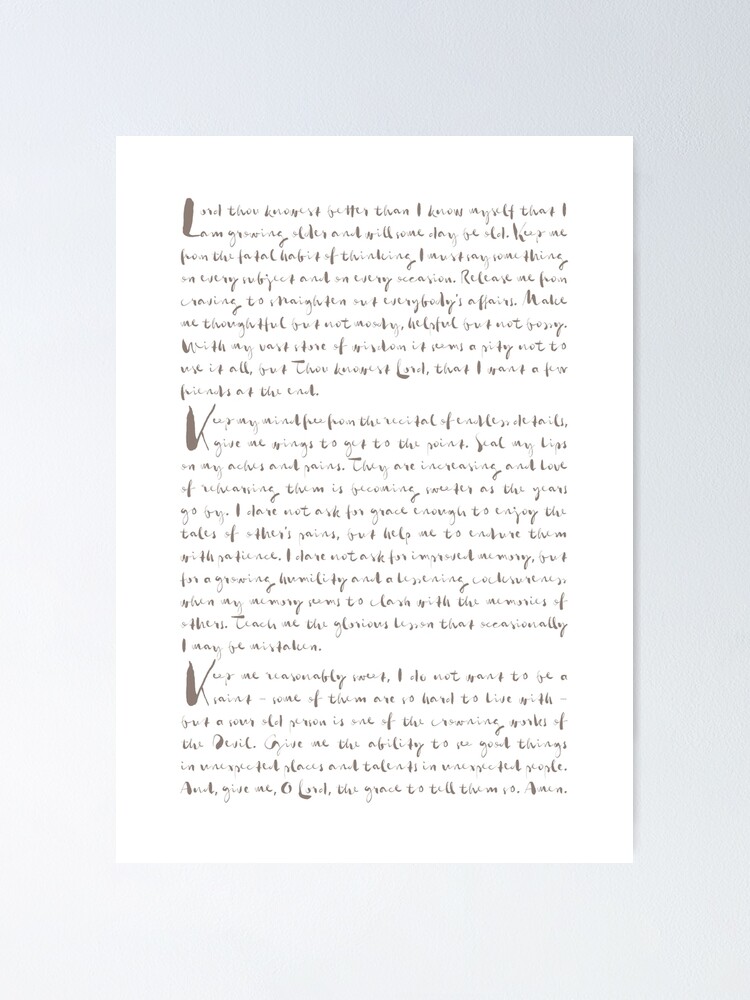 “Seventeenth Century Nun’s Prayer (Grey)” Poster by TypographyTales