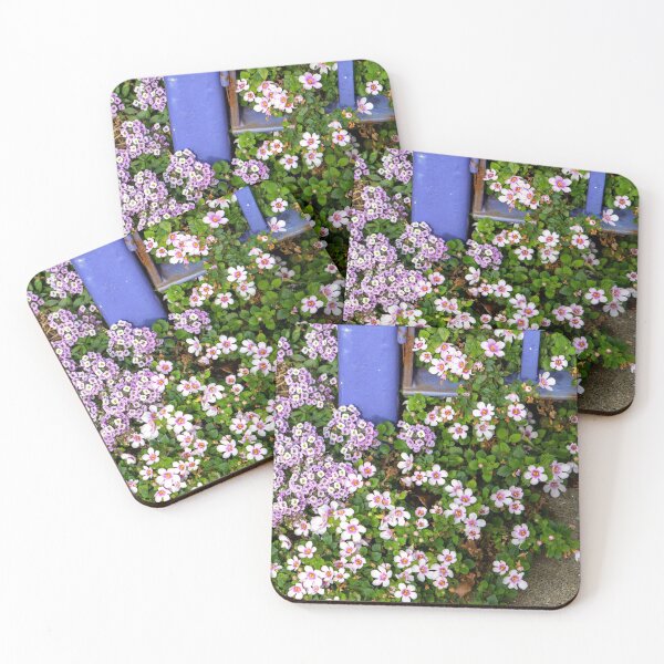 Item preview, Pink and Purple Flowers Around Base of Blue Fence designed and sold by pixelmountain.