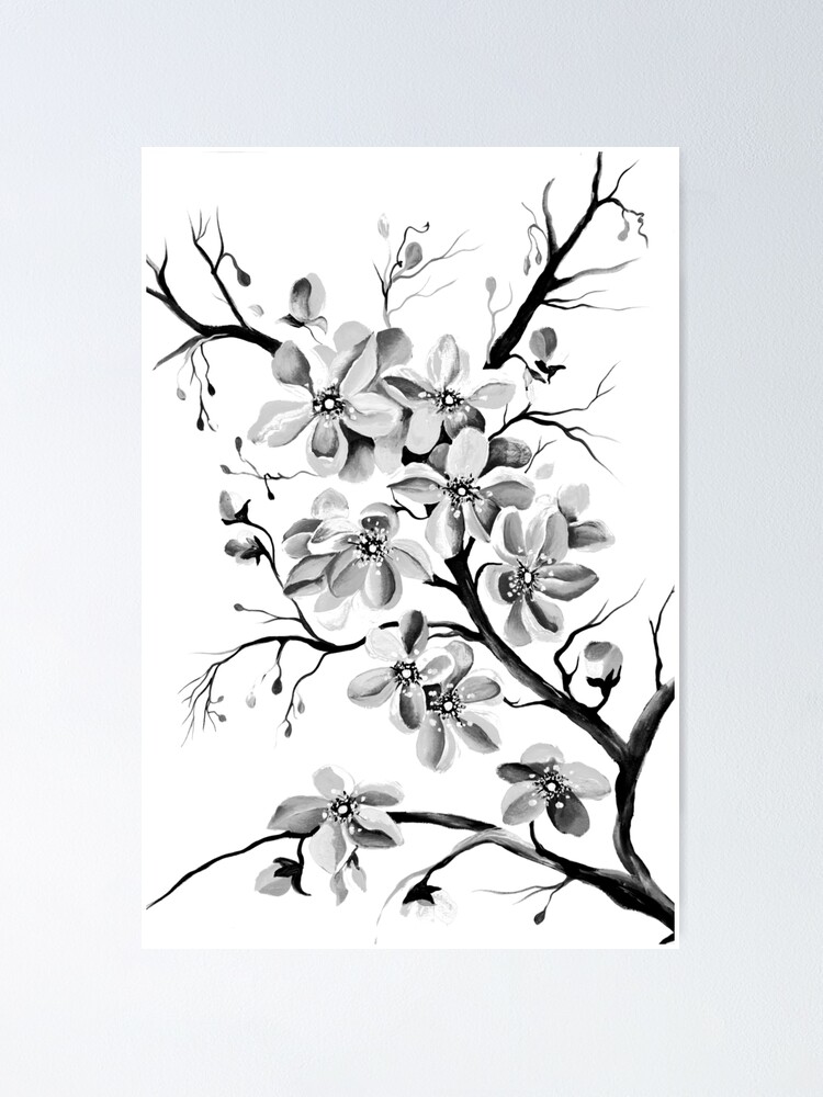 Fleurs de cerisier japonais Sakura en noir et blanc Poster