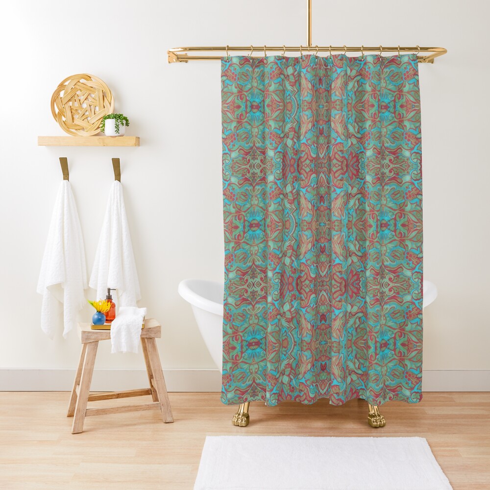 Birds Arabesque, Bohemian Pattern, Red Green Turquoise Shower Curtain