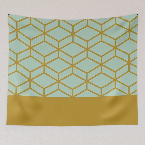 Item preview, Honeycomb Geometric Lattice Color Block in Golden Ochre Mustard and Mint Aqua Celadon designed and sold by kierkegaard.