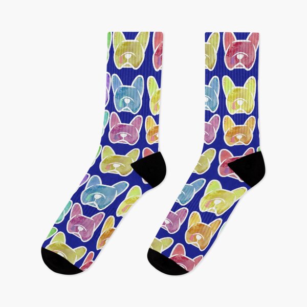 Item preview, Crayon box watercolor French Bulldogs - Frenchies in rainbow colors - bright French Bulldogs with blue background designed and sold by smooshfaceutd.