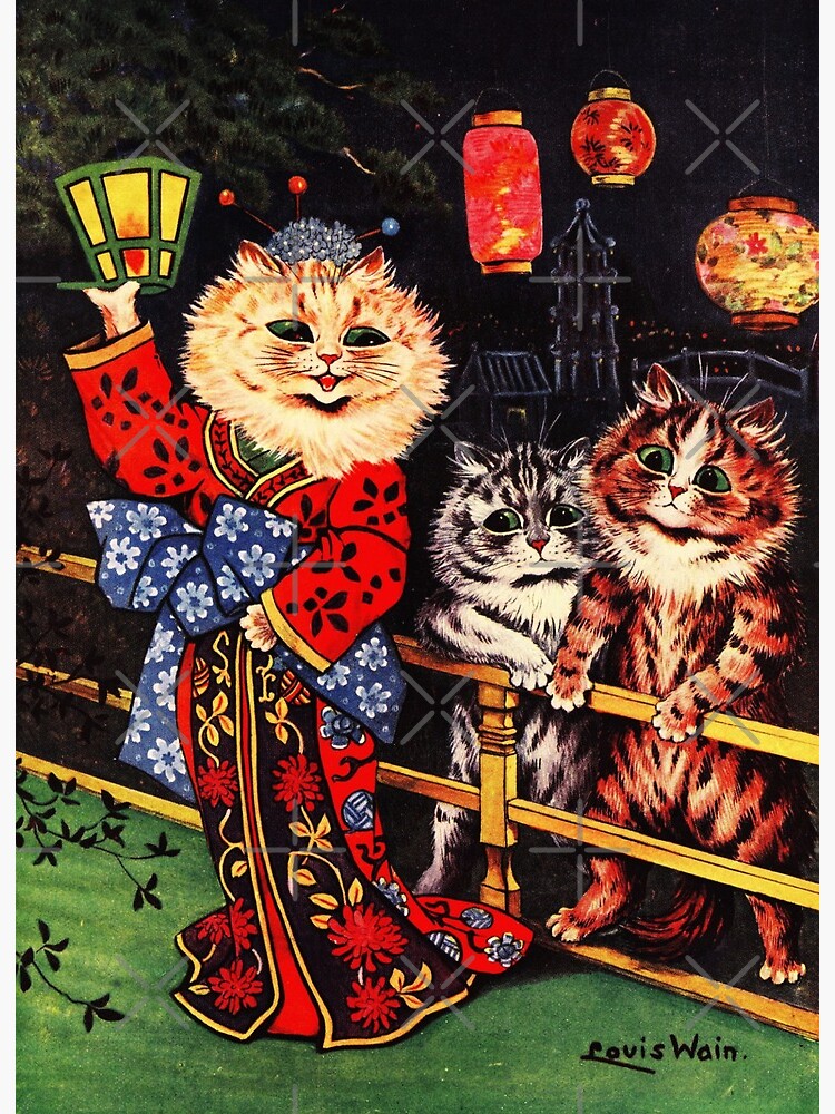 Vintage mounted coloured coloured Louis Wain cat print - cricket