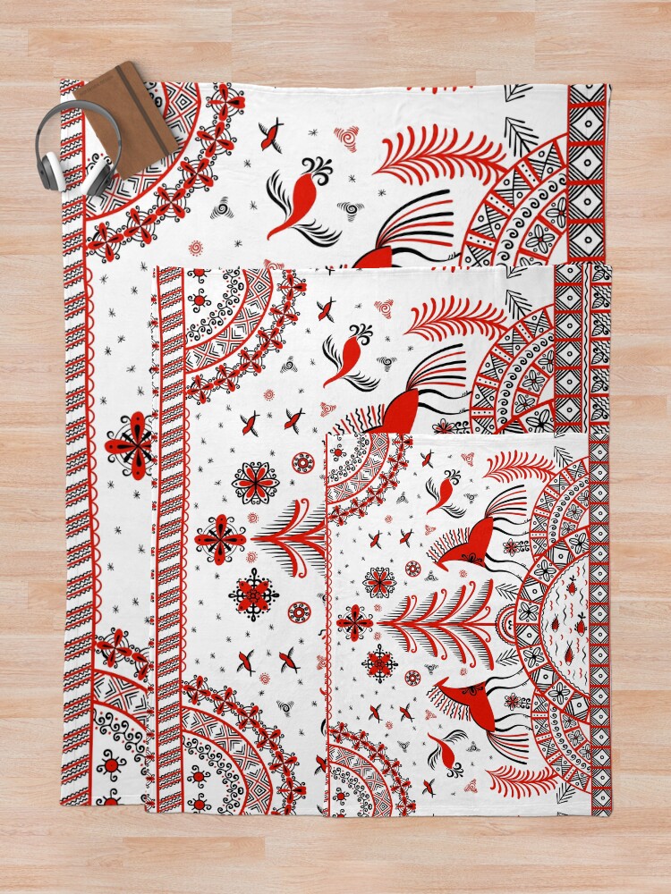Alternate view of Russian folklore ornament. Mezen painting. Throw Blanket